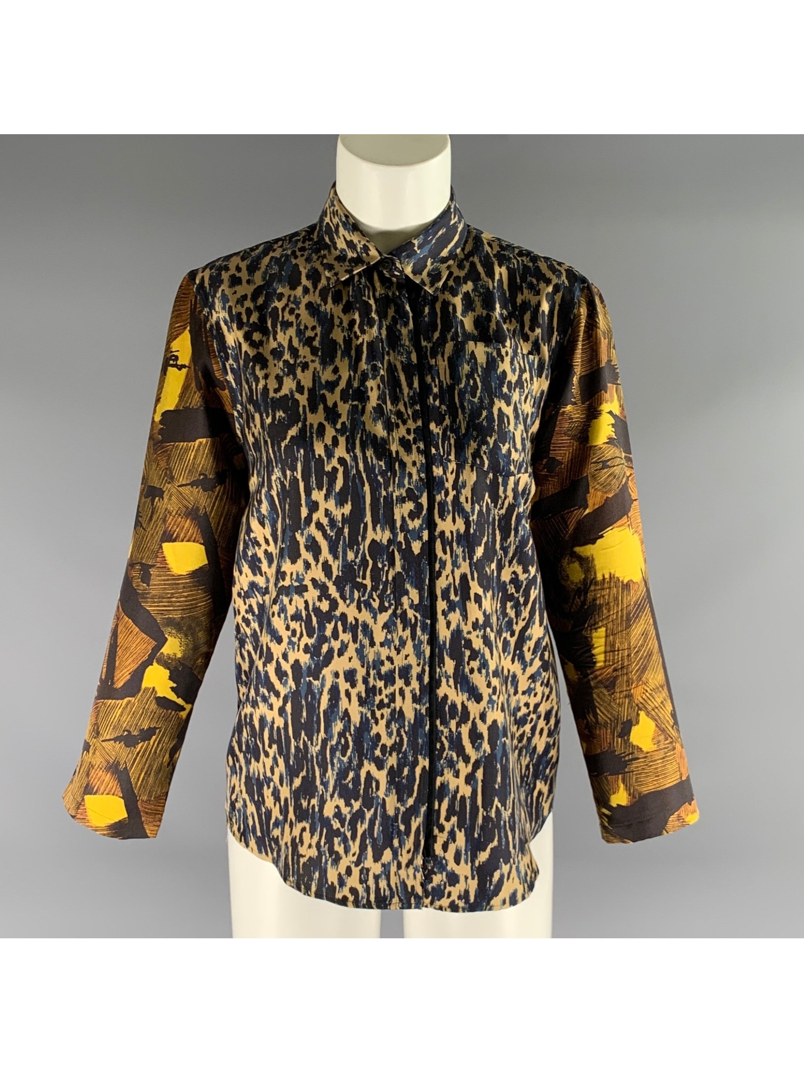 Dries Van Noten Size S Tan & Black Navy Silk Animal Blouse